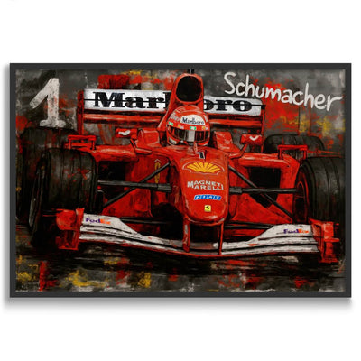quadro moderno appeso di Michael Schumacher nella sua Ferrari rossa sponsorizzata Marlboro cornice nera